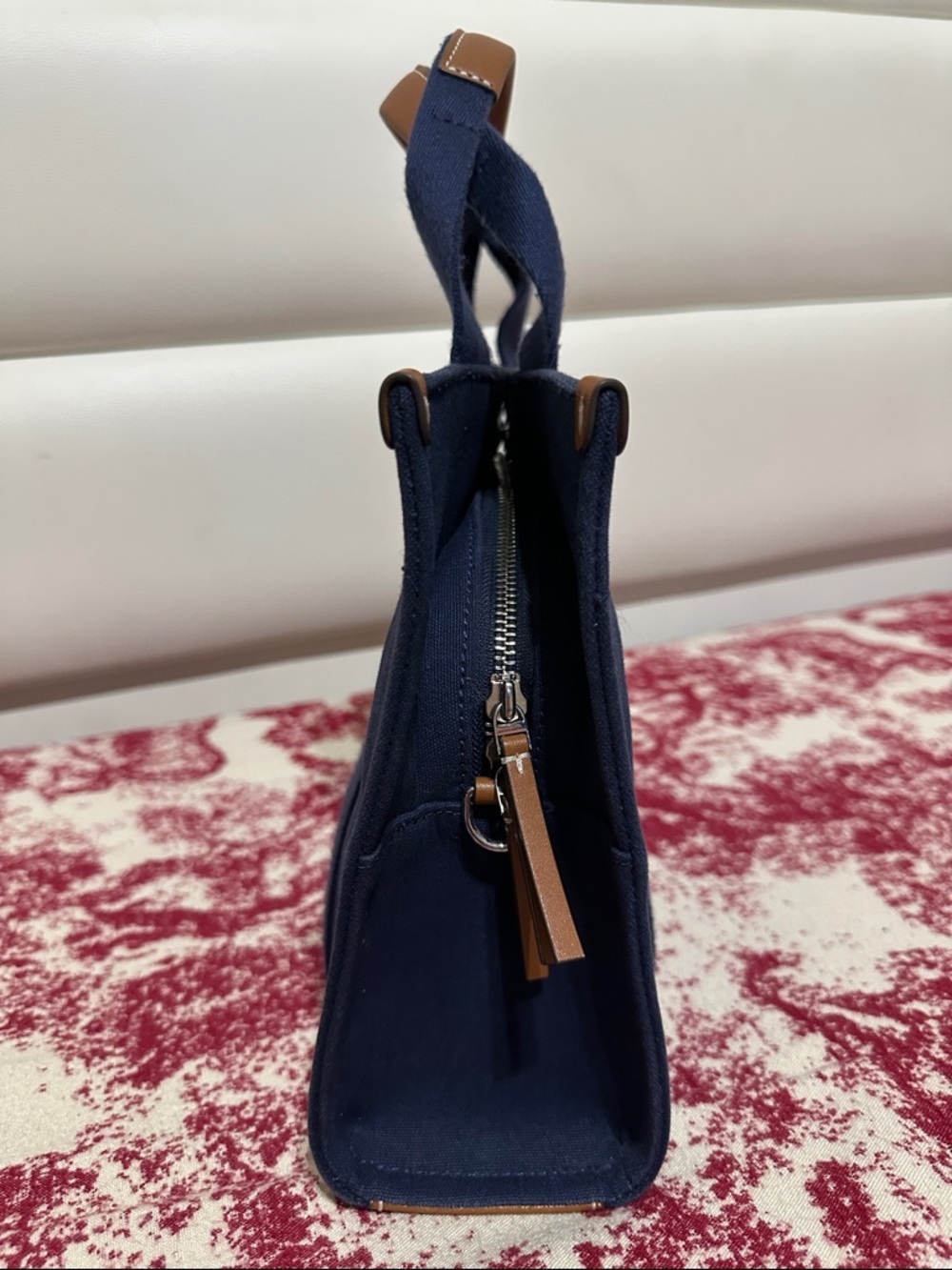 Tory Burch Navy Canvas 2-Way Bag with Tan Leather Trim - Picture 7 of 16